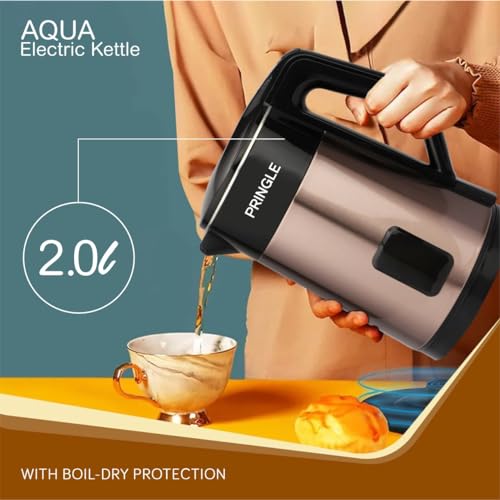 Image of Pringle Aqua Double Wall Electric Kettle 2L 1500W | Stainless Steel Inner | Boil Dry Protection & Auto Shut-Off | 360 Cordless Base | Inbuilt SS Filter | Concealed Heating Element - Copper