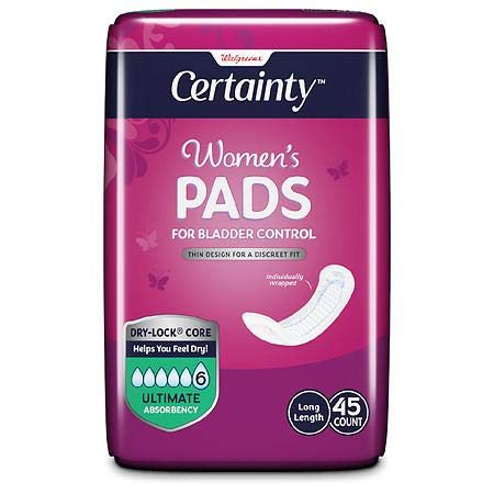 Walgreens Certainty Women's Bladder Control Pads Long Length Made for Your Naturally Soft Skin Thin Design for a Discreet fit 45 Pads
