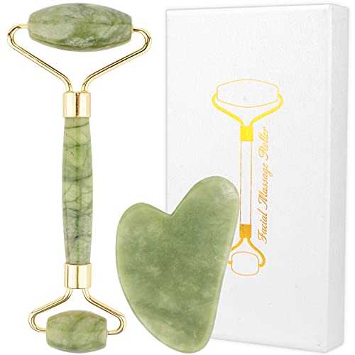 Gua Sha y masajeador facial de jade para arrugas, 100 % natural y de calidad prémium, masaje facial con dispositivo de masaje facial para arrugas, rodillo antienvejecimiento Cover