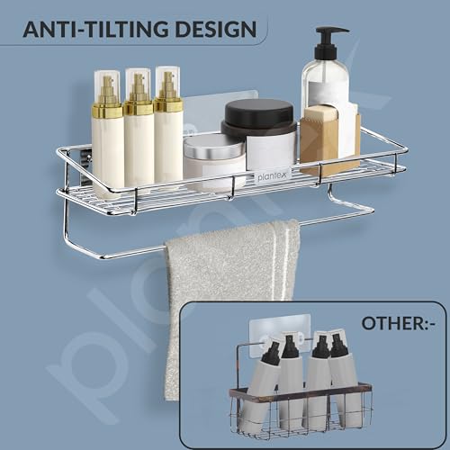 Image of Plantex Self Adhesive Bathroom Shelf /Stainless Steel Shelf with Towel Rod /Napkin Holder /Kitchen Shelves & Racks /Kitchen Stand /Rack (Chrome)