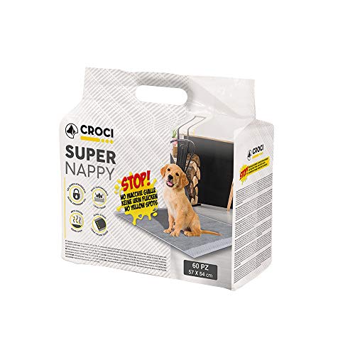 Croci Super Nappy Carboni attivi - Tappetini Igienici per Cani 57x54 cm - 60 pezzi, Traverse Cani e Animali Domestici, per Pipi Cane e Gatto Ultra Assorbenti Usa e Getta, Antistrappo e Antiodore