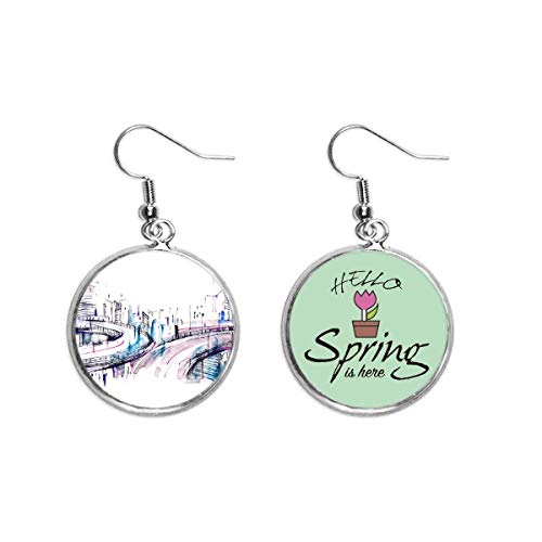 Pendientes de primavera decorativos con rascacielos moderno de acabado artesanal
