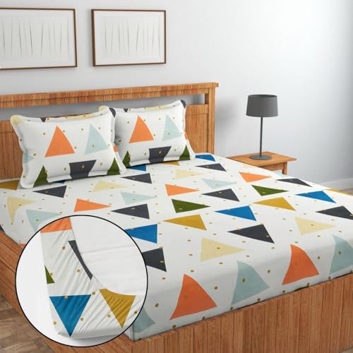 Image of Jashan Super Soft Glace Cotton Fabric 300 TC All Around Elastic Fitted Elegent Design King Size Double Bed Bedsheet with 2 Pillow Covers Fits Upto Mattress of 10 Inche,Size-72 x 78 x 10 Inche-Multi