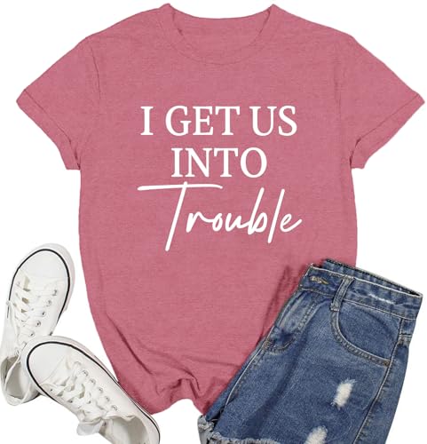 Ascrazy Best Friend Shirts for Women Besties T-Shirt I Get Us Out of Trouble Besties Tee Tops Pink