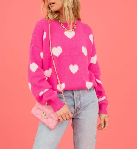 Image of Women's Cute Heart Sweater Love Print Valentine Romantic Knitted Top Casual Crewneck Long Sleeve Sweaters Pullover