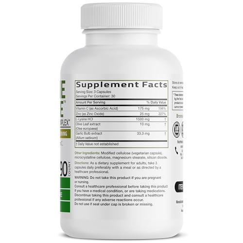 Image of Bronson L-Lysine Defense Immune Support Complex 1500 MG L-Lysine Plus Olive Leaf, Garlic, Vitamin C and Zinc - Non-GMO, 90 Vegetarian Capsules
