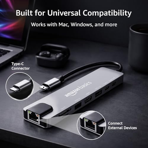 Image of Amazon Basics USB Type-C Hub Dock, 8-in-1 HDCP Aluminium Adapter with 4K HDMI & Ethernet Port,100mbps, Power Delivery, TF /SD Card Reader, Mac & Windows USB-C & 3.0 Devices