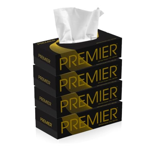 Image of Premier 2-Ply Box Face Tissue Papers - 100 Pulls per Box (Pack of 4, 400 Pulls, 800 Sheets) -Ultra Soft, Gentle & Highly Absorbent Facial Tissues for Home, Office, Car & Travel | Black-Gold