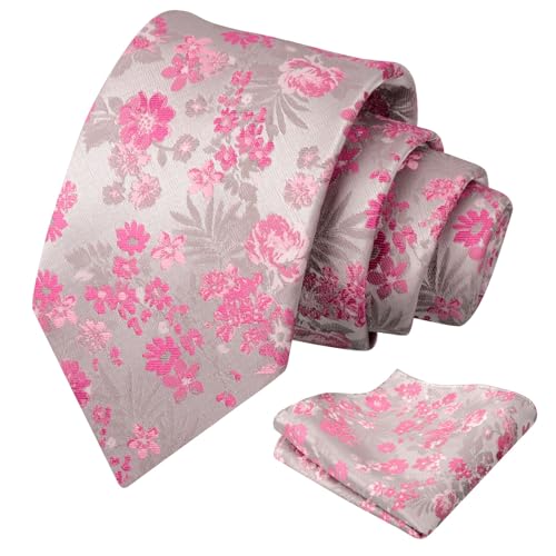 Alizeal Mens 3.15 Inch Fresh Elegant Floral Tie Set Modern Necktie for Weddings and Stylish Events, Gray+Hot Pink