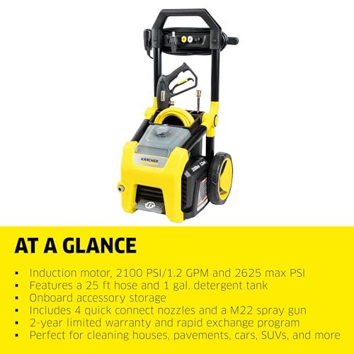 Image of Karcher Pressure Washer K2100PS, CETA Certified, 3 Spray Nozzles, Detergent Tank, for Cars, Driveways, Siding, Patios, 1.2 GPM