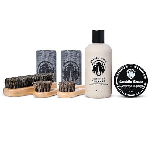 Rhino Wax - Saddle Cleaning Kit (Saddle-Soap + Leather Cleaner + Brushes + Cloths) - Clean Saddles Bridles Boots Reins Straps and Other Tack Leathers - Proudly Made in The USA
