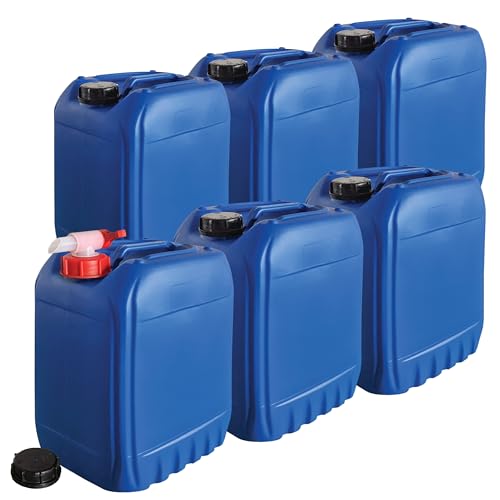 plasteo® 6er Set: 20 L Kanister Wasserkanister Blau inkl. Deckel und 1 x Auslaufhahn | BPA-Frei Lebensmittelecht | Camping Tragbar | Indoor und Outdoor | Made in Germany