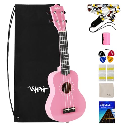 VANPHY Soprano Ukulele for Beginner Kids with Gig Bag 21 Inch Uke for Starter Hawaiian Soprano Ukelele Polishing Adults Basswood 21 Inch uke bundle with Strap Picks Songbook Cleaning Cloth (Pink)