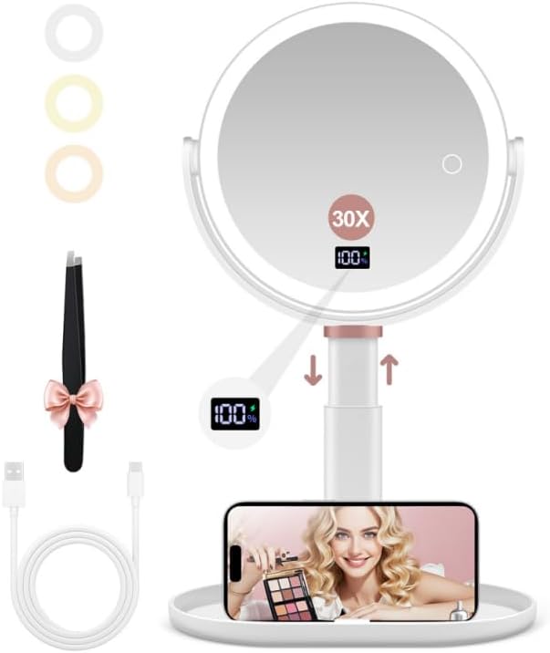 GOMIPURU Makeup Magnifying Mirror with Light 30X/1X, Digital Display, 2-Sided Touch Control, Makeup Mirror with 3 Color Lights,360° Rotate, Height Adjustable Lighted Magnifying Mirrors for Desk Travel