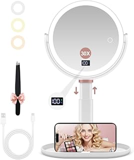 GOMIPURU Makeup Magnifying Mirror with Light 30X/1X, Digital Display, 2-Sided Touch Control, Makeup Mirror with 3 Color Li...