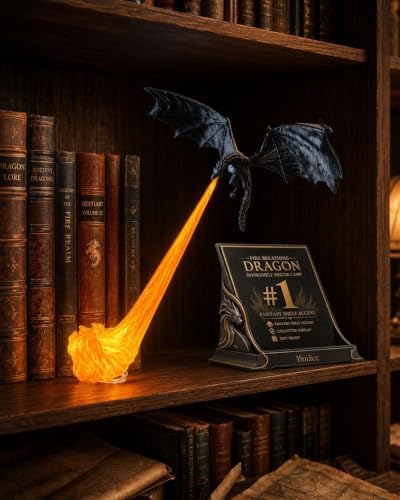 Dragon Bookshelf Nook Light, Dragon Bookshelf Decor, 3D Printed Fire-Breathing Fantasy Shelf Decor, Fire Breathing Dragon Bookshelf, Nook Light Dragon (Red Flame-Small) - 3