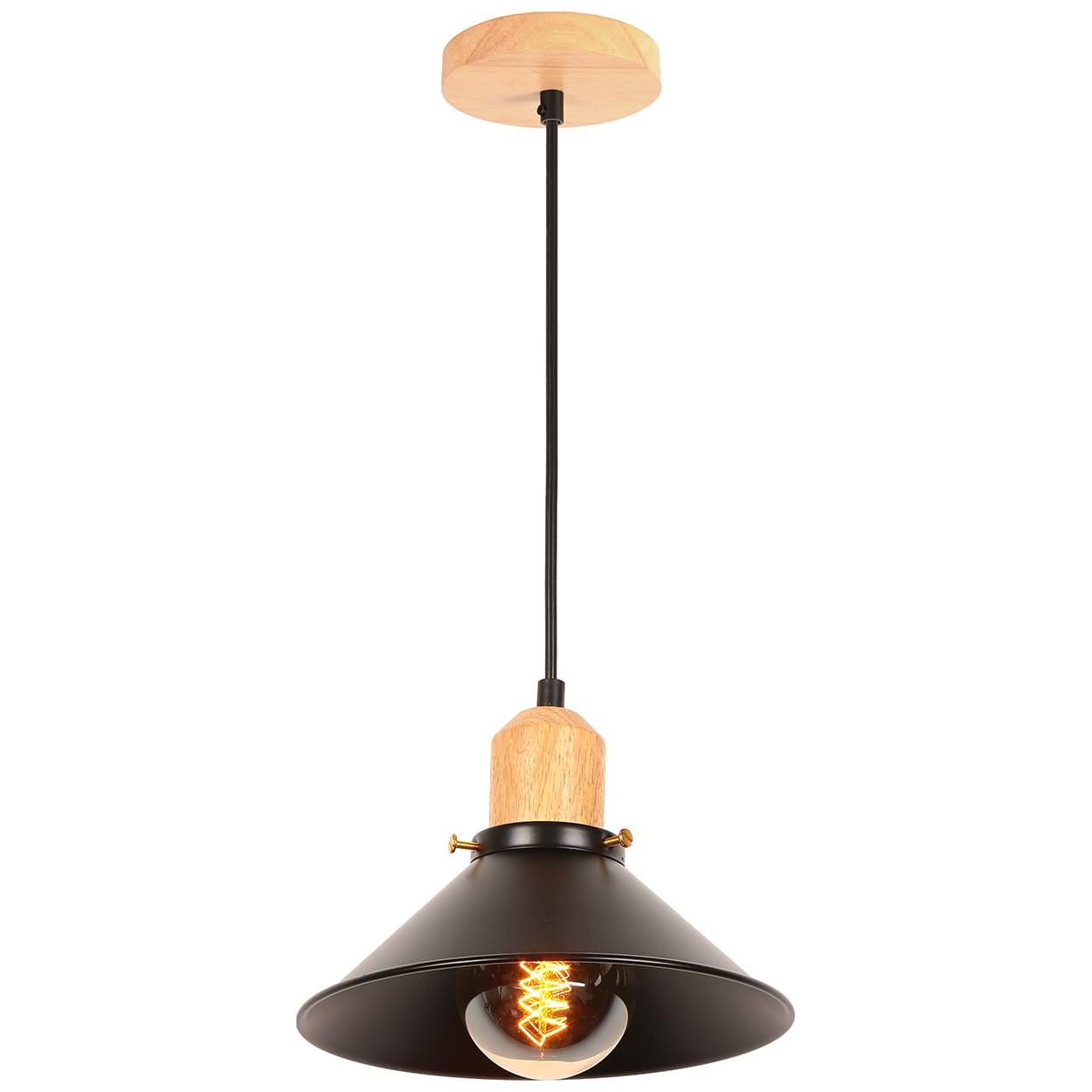 iDEGU Retro Industrial Design Ceiling Light E27 Wood Metal Chandelier Pendant Light for Bedroom, Living Room, Dining Room, Kitchen, Cafe Restaurant (Diameter 22 cm, Black, Wooden Socket)