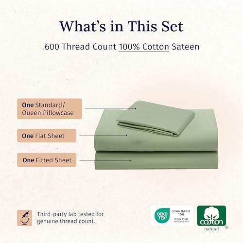 California Design Den Natural 100% Cotton Bed Sheets Twin Size Set - Luxury 600 Thread Count Sateen, Fully Elasticized Deep Pocket Sheet Set, Cool and Durable Hotel Quality Bedding - Laurel Green