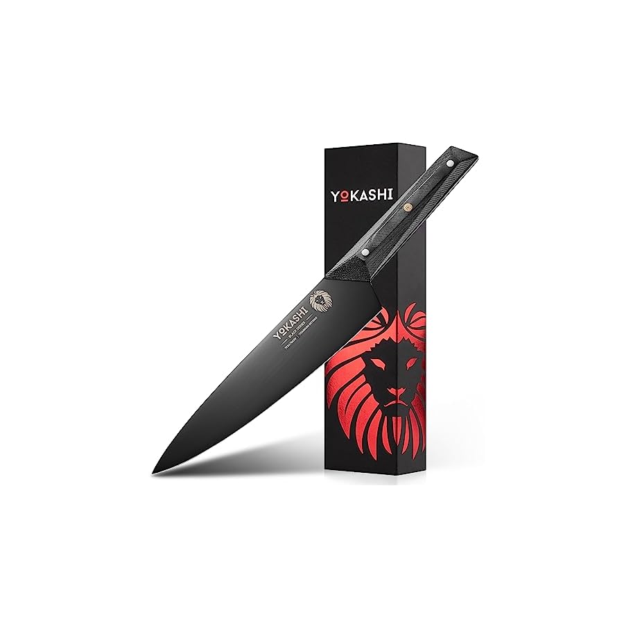 YOKASHI-Chef-Knife-8-inch-Professional-Kitchen-Knife-Black-Titanium-Nitride-Coated-Razor-Sharp-High-Carbon-7CR17MOV-G10-Handle-with-Sheath YOKASHI Chef Knife 8 inch - Black Titanium Nitride Coated Japenese Knife - Razor Sharp 7CR17MOV Carbon Steel - Full Tang Chef's Knife - G10 Alloy Steel Handle - Multi Purpose Kitchen Kinfe - Gift Box