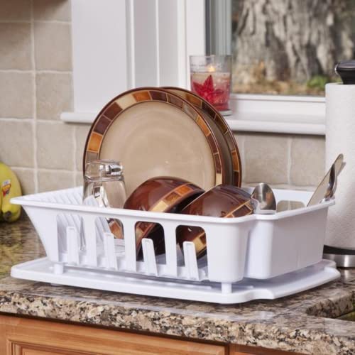 Joey'z Extra Large Heavy Duty Sturdy Hard Plastic Sink Set With Dish Rack With Attached Drainboard Cup Holders For Home Kitchen Counter Top Organizer - White (18 3/4" L X 13 3/4" W X 5 1/2") #TOP2