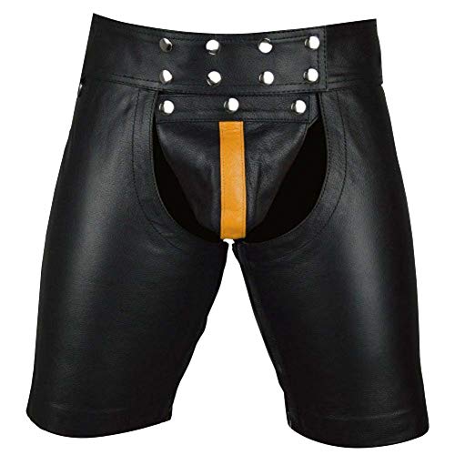 Men's Real Genuine Cowhide Leather Shorts Gay Chaps (Black Gold Strips, 30