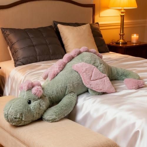 ARELUX Large 50in 3Lb Cute Dragon Stuffed Animals Plush Toy Soft Matcha Green Pterosaur Plushie Giant Fuzzy Dinosaur Pillow Plushies with Pink Wings Cuddly for Friends Family Member