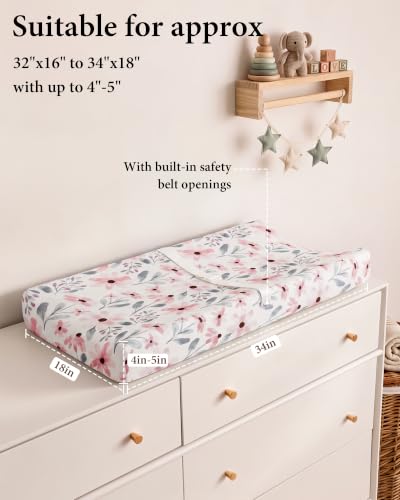 Image of Yoofoss 2-Pack Diaper Changing Pad Cover for Girls 32x16 (Gingham+Floral) | Soft & Easy-to-clean & Breathable, 360 Full Elastic Fit, Microfiber Fitted Sheets for Changing Table Pad