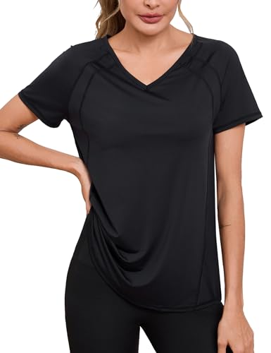 Wayleb Tee Shirt Sport Femme à Manches Courtes Col en V T-Shirts et Tops de Sport Séchage Rapide Haut Yoga Running Fitness Pilates