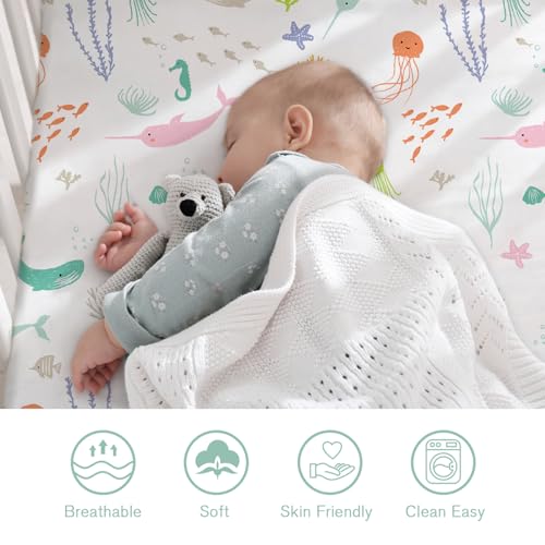 Image of Little Grape Land Crib Sheets 2 Pack, Microfiber Fitted Crib Sheet for Standard Crib Mattress 52 inchx28 inchx8 inch, Soft and Neutral Baby Crib Sheets for Boys and Girls, Breathable & Easy Care, Pastel Ocean