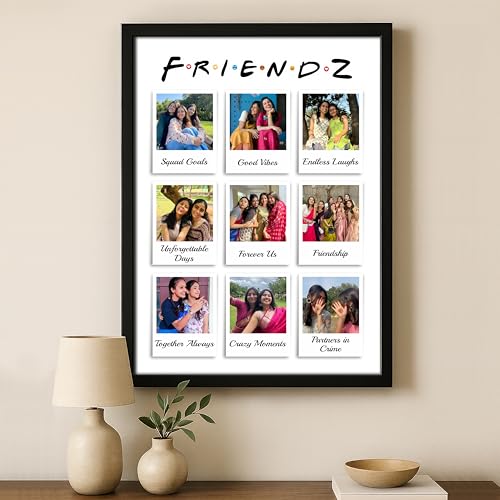 Image of Personalized FRIENDZ Polaroid Style Collage Photo Frame | Customised 9-Photo Portrait Layout for Best Friends, Girls & Cousins | Cute Aesthetic Grid | Birthday, Farewell & College Memories Gift | Glare-Free Laminated Wooden Frame | A5 /A4 /A3