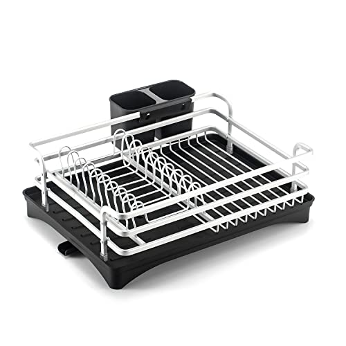 INSHOP Égouttoir à Vaisselle avec Panier à Couverts et bac d'égouttement - Argenté - en Aluminium - avec Porte-Couverts - pour Cuisine, évier et Couverts