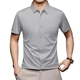 [FJLTDCP] 半袖シャツ メンズ 無痕アイスシルク夏服メンズ ビジネスカジュアル 通気性 速乾 無地 高級素材 ストレッチ 速乾シルクのような肌触り ノーアイロン トップス多色展開-Grayish white-XL
