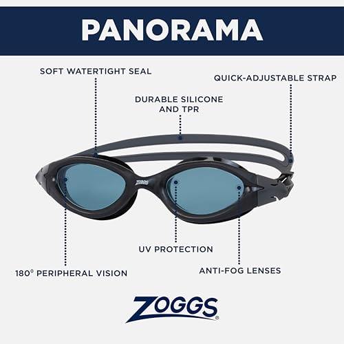 Zoggs Panorama Adult Swimming Goggles (Smoke Lens, Black) for Men and Women, Soft Anti-Leak Seal, Anti-Fog, UV Protection, Quick Adjust Strap, 180 Degree Clear Vision Swim Goggles