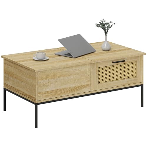 HOMCOM Coffee Table with Lift Up Top Living Room Table with 2 Large Drawers Steel Frame 106.5 x 56.5 x 48 cm Natural