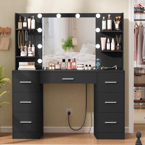 Quimoo Large Vanity Desk with LED Lighted Mirror & Power