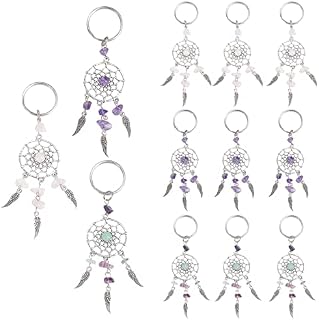 PandaHall Elite 12 pcs 190mm Long Dreamcatcher Key Chain with Natural Chip Gemstone, Tibetan Style Pendants and 316 Stainless Steel Key Ring DIY Keychain Charm Pendant, 3 Styles