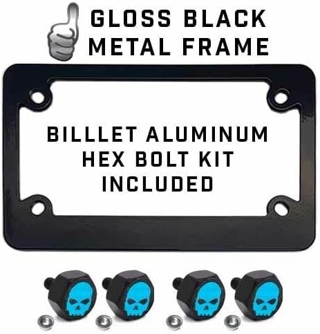 Metal Black Motorcycle License Plate Frame +Tag Fasteners Kit - Blue Skull G Style-9856-6875