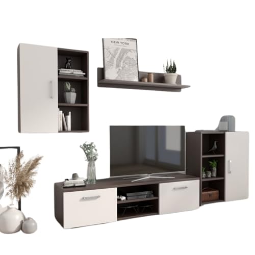 Per la vita Schrankwand Ikar Weiß/Wenge – Modernes Wohnzimmermöbel Set mit TV-Schrank, Standregal, Hängeschrank & Wandregal bietet das Set Platz für Bücher – Schrankwand für Wohnzimmer & Jugendzimme