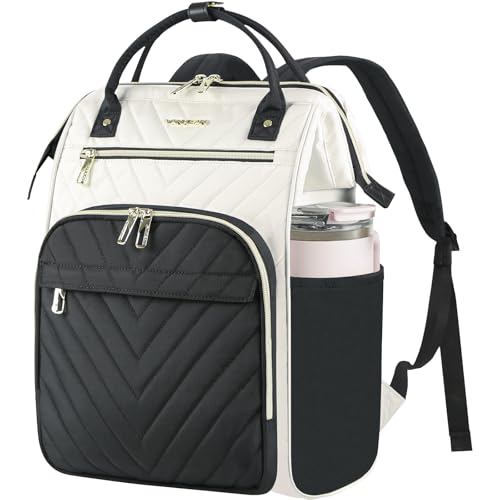 VANKEAN 17 Inch Laptop Backpack for Women Men Fashion Computer Work Bag, Large Capacity Waterproof Backpack with USB Port & RFID Pockets, College Daypack Business Travel, Beige-Black