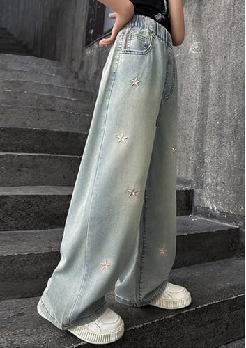 Girls Baggy Wide Leg Jeans Elastic Wasit Ripped Distressed Pants Trendy Cute Y2K Streetwear Pockets Denim Trousers4