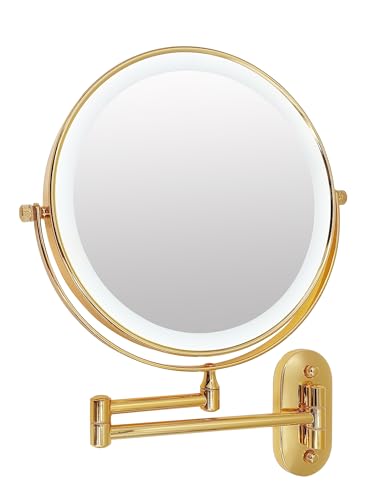 Espejo de aumento de doble cara de 9 pulgadas para baño, espejo de afeitado de maquillaje montado en la pared, con luces LED, aumento 1X/10X (dorado, aumento 7X, con luz LED)