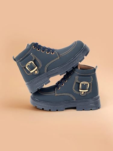 Image of Freeplay Kids Boys Lace-Up Ankle Boots with Buckle Strap | Stylish Casual Outdoor Boots | Anti-Slip Durable Sole | Comfortable Fit | Black, Blue, Green, Tan