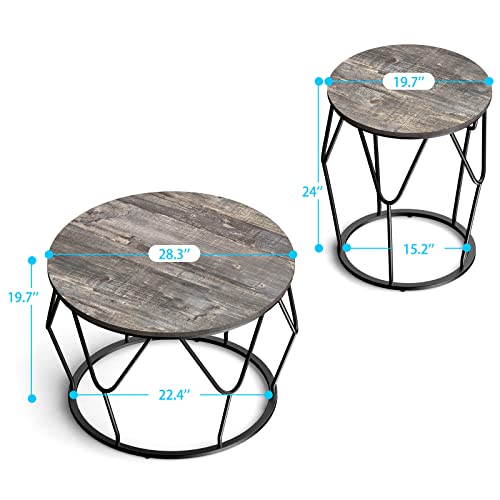 Round Coffee Table Set 28.3''&19.7'', Modern Nesting End Table Rustic Pine Wood Metal Frame Sofa Bed Side Table Set Of 2, Home Furniture Nesting End Table Set For Living Room, Bed Room #TOP2