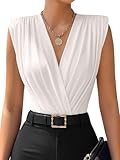 LYANER Women's Wraped V Neck Ruched Sleeveless Tank Leotard Bodysuit Tops White XX-Large