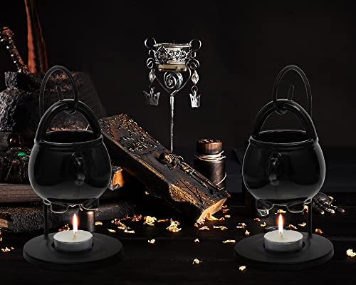 2 Pcs Hanging Pagan Cauldron Oil Burner, Cauldron Wax Warmer Diffuser with Handle 10 Pcs White Tea Lights Candles Witch Decor for Home Wax Melts Christmas Gothic