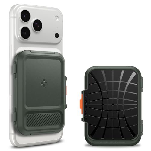 Spigen Lock Fit MagFit MagSafe Kartenhalter mit Verschluss-System Kompatibel mit iPhone 17/16/15, andere MagSafe-Modelle und Google Pixel 10-Serie mit Pixelsnap - Militärgrün