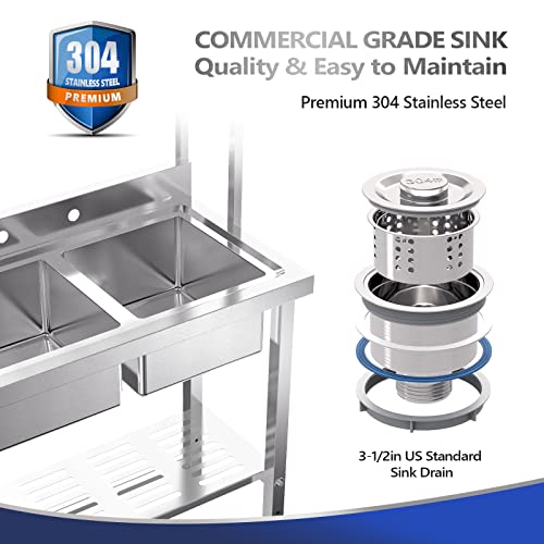 Image of VINGLI 67 inch 2-Compartment Commercial Sink with Shelves Over & Drying Rack Underneath, 304 Stainless Steel Sink Double Basin with Drain for Restaurant, Freestanding Utility Sink for Laundry Room, Garage