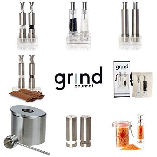 Grind Gourmet Salt And Pepper Grinder Set Of 2 With Modern Thumb Push Button Black Grinder, Stainless Steel, For Black Pepper, Sea Salt And Himalayan Salt, With Stand, Peppermill Are Refillable #TOP7