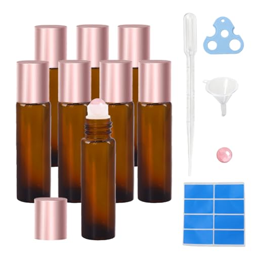 Warmify 8 Pack Rose Quartz Roller Bottles for Essential Oils, 10ml Refillable Amber Glass Roll On Bottles with Natural Crystal Roller Balls, Leak-Proof Travel Perfume Bottle with Rose Gold Caps