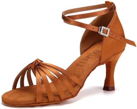 TINRYMX Women's Latin Dance Shoes Satin Ballroom Salsa Cha-cha Professional Practice Dance Shoes,EM217-Brown-2.75 Inch,7.5 US